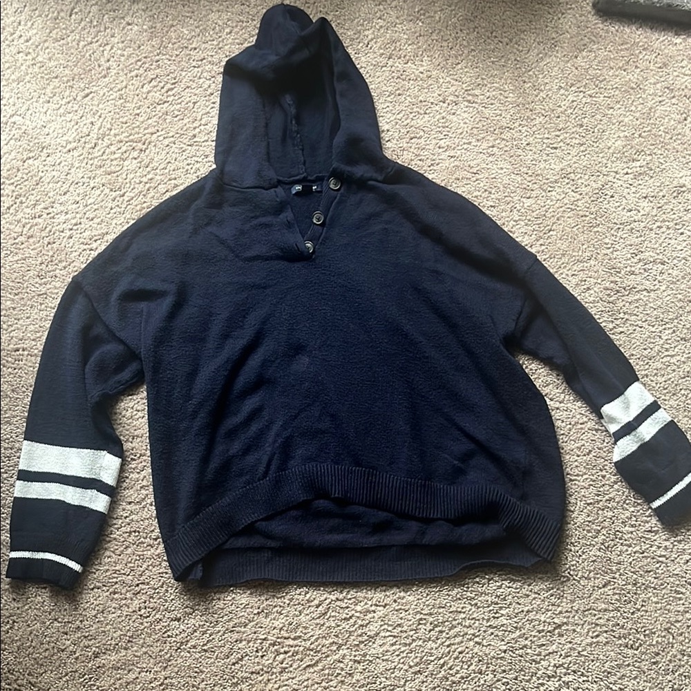 Navy Blue Hooded Sweater with Striped Sleeves
